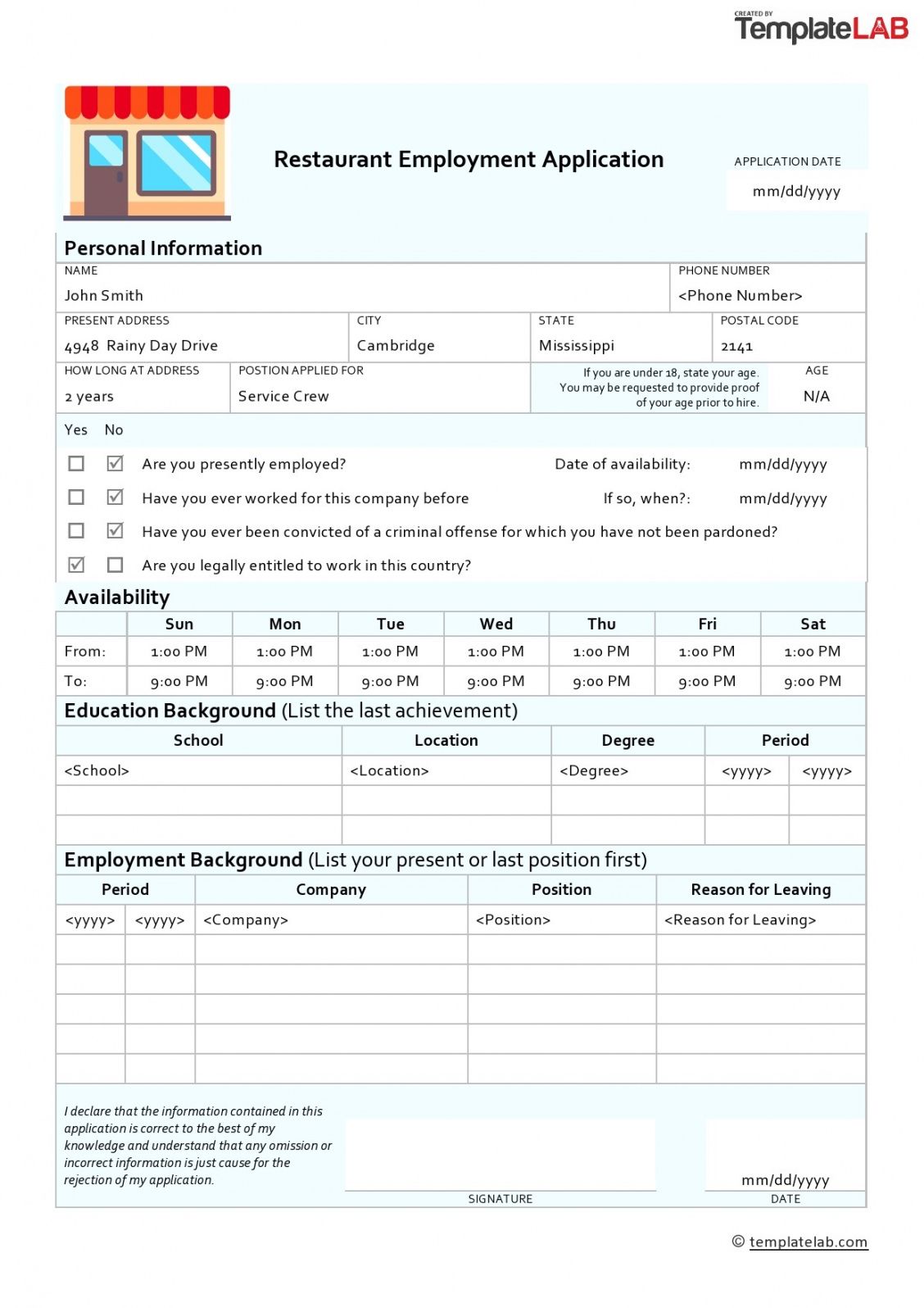 Restaurant Job Application Form Template