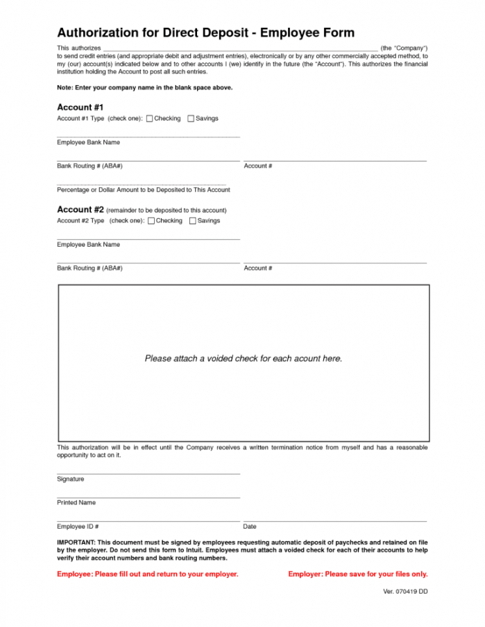 Employees Direct Deposit Form Template  Example
