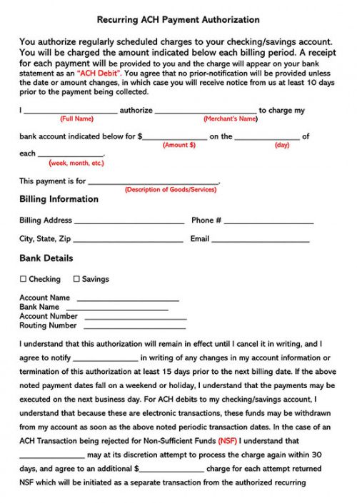 Ach Debit Authorization Form Template