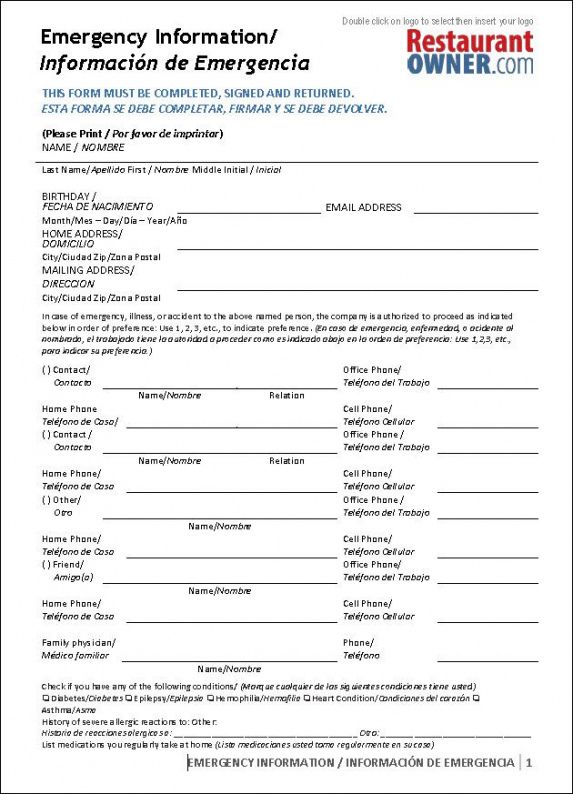 Free Home Emergency Contact Form Template Word Example