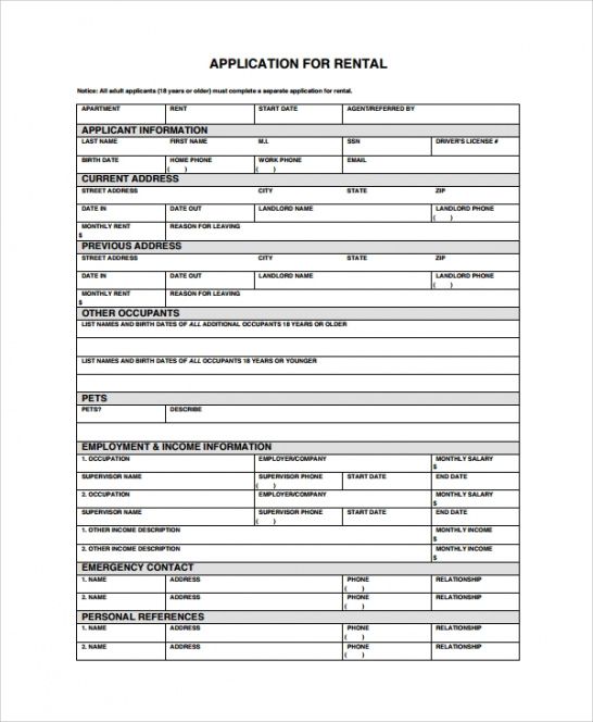 Printable Apartment Rental Application Form Template Doc Sample