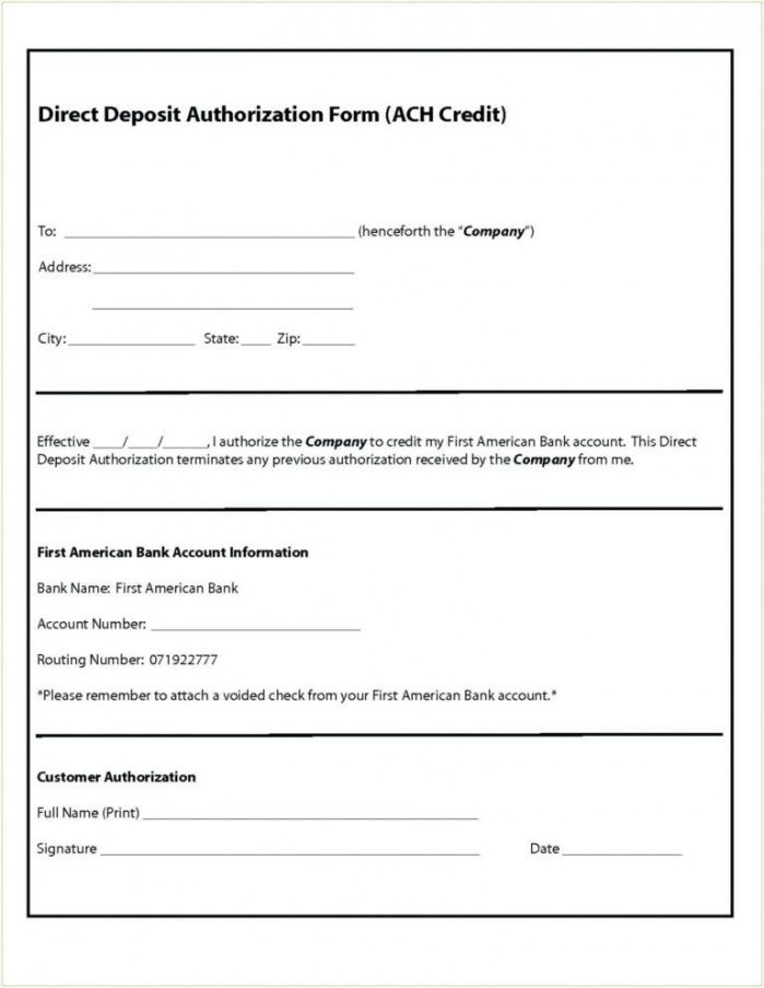 Printable Direct Deposit Authorization Form Template Excel Sample