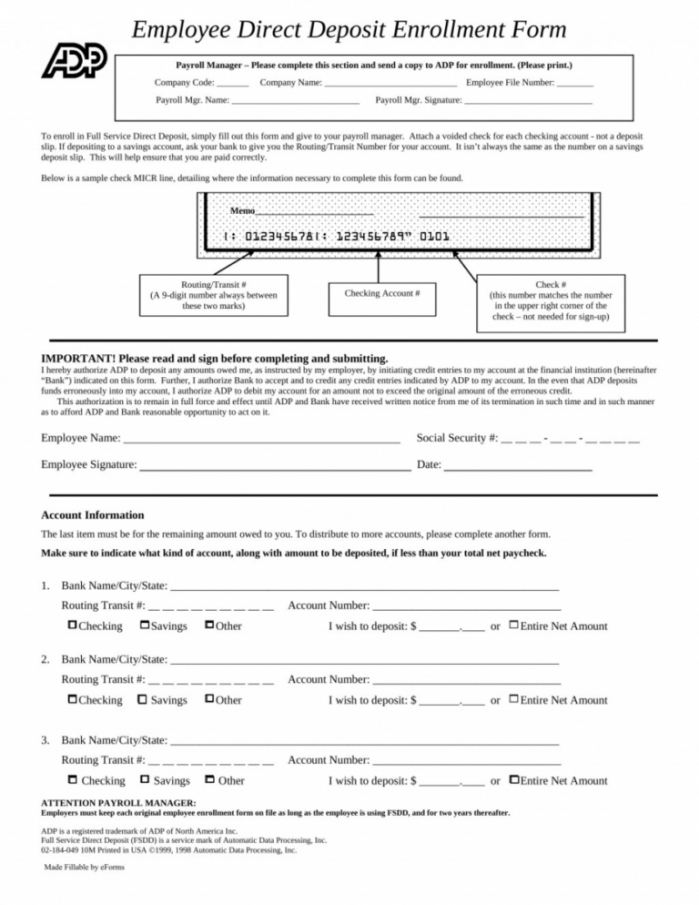 Printable Employer Direct Deposit Form Template