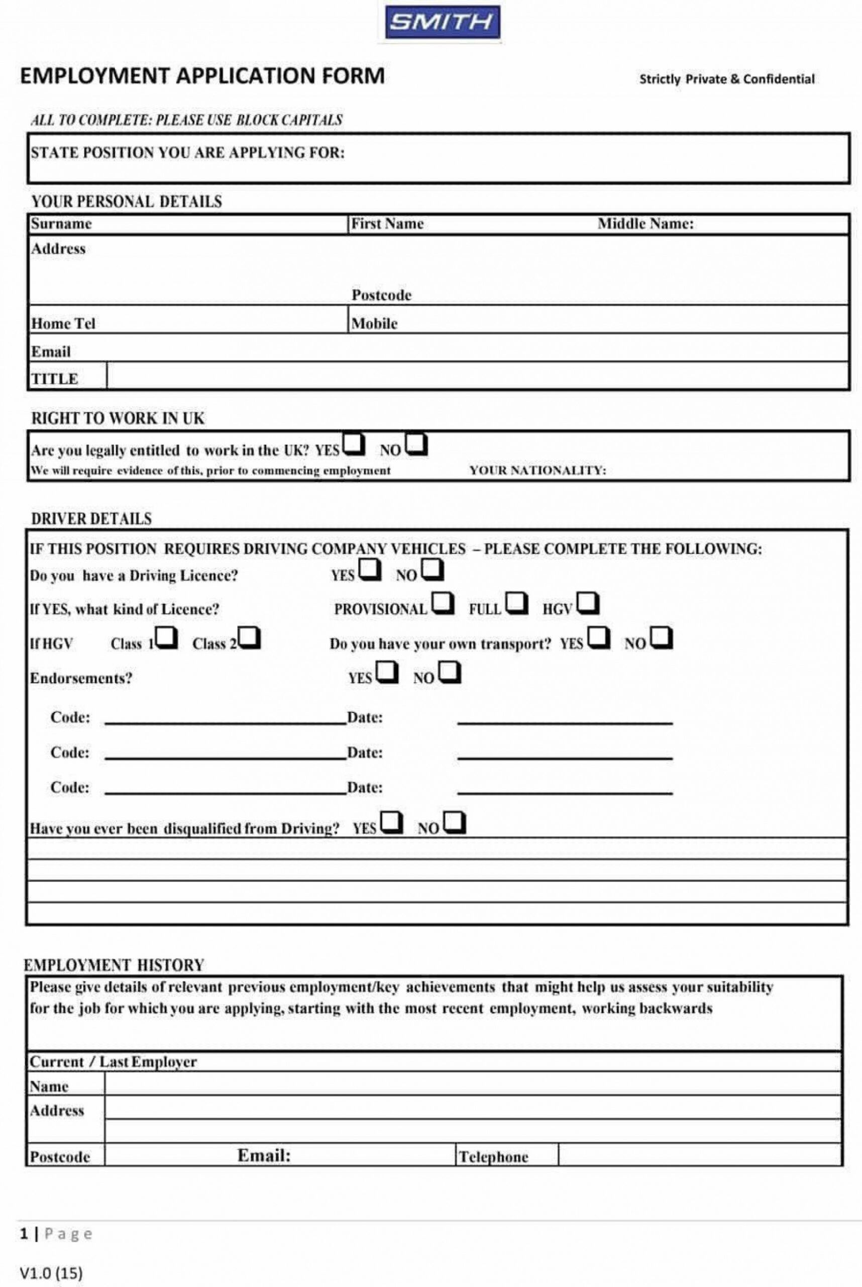 Printable Job Application Form With Availability Template Excel