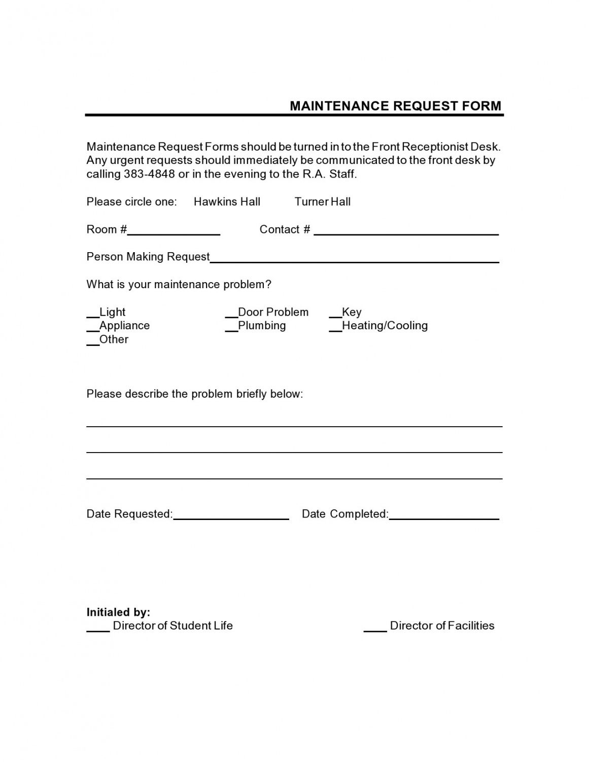 Printable Maintenance Repair Request Form Template Word