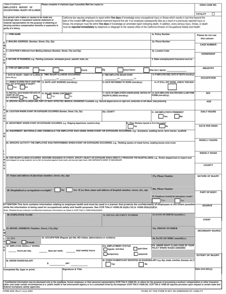 Printable Osha Incident Report Form Template Excel Sample Minasinternational 9683