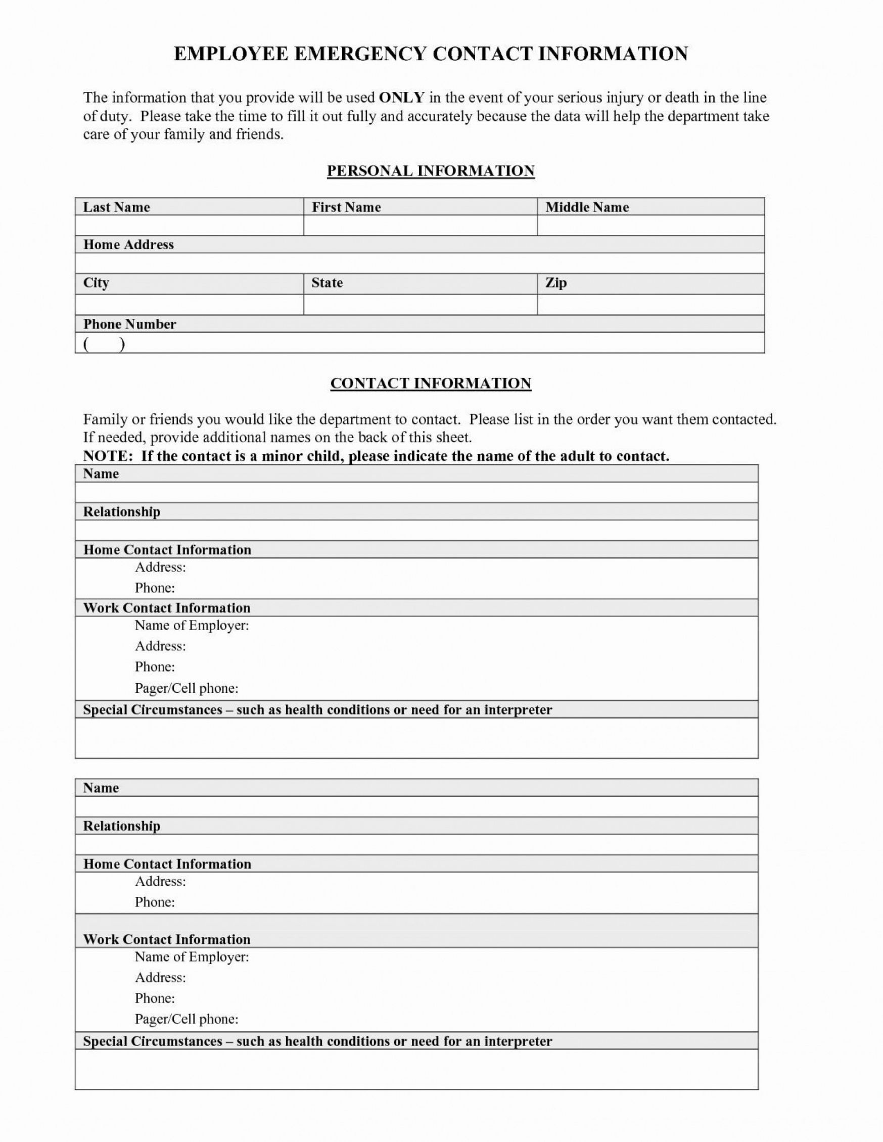 Printable Printable Employee Emergency Contact Form Template  Example