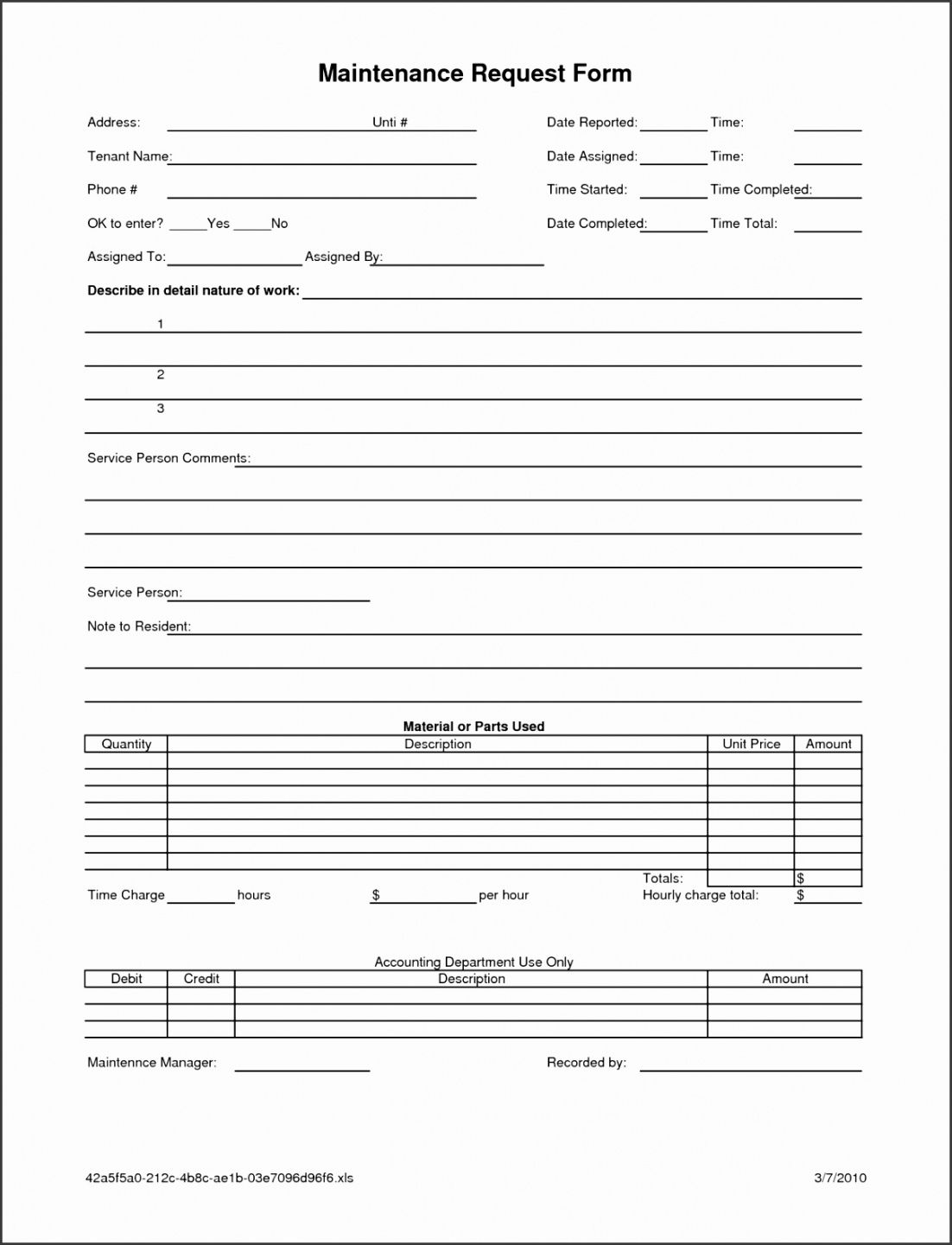 Printable Repair Maintenance Request Form Template Printable Excel Sample