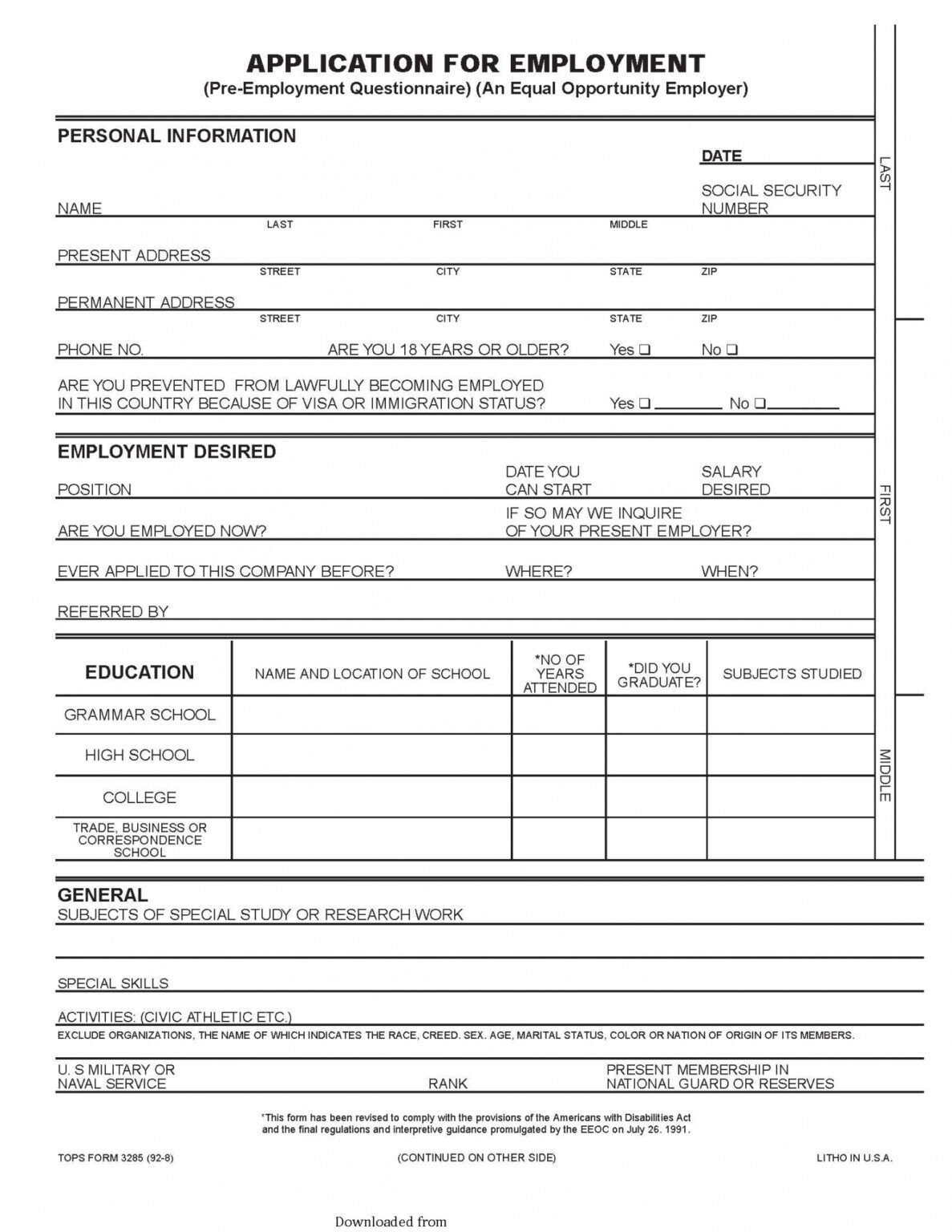 Printable Standard Job Application Form Template Word Sample Minasinternational 7644