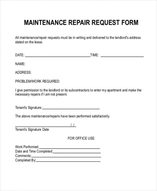 Professional Appliance Repair Maintenance Request Form Template Printable Excel Sample
