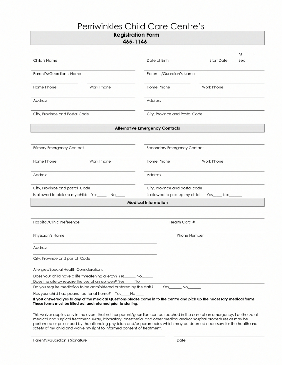 Professional Emergency Contact Form Template For Daycare