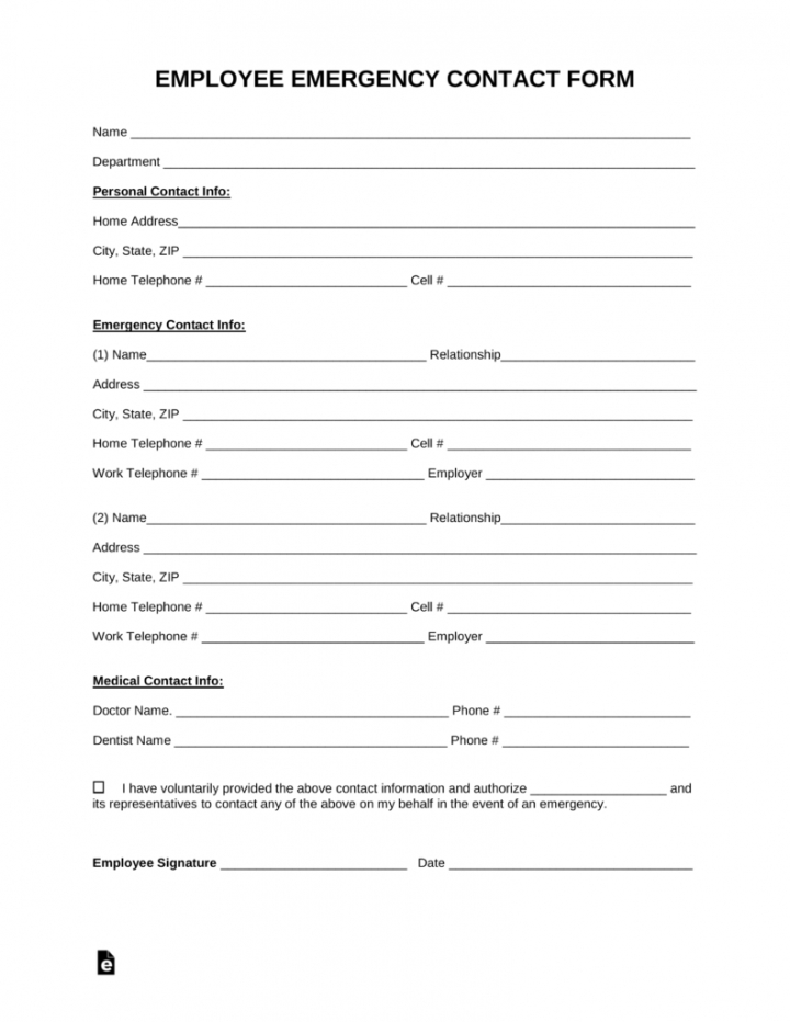 Professional Employee Emergency Contact Form Template Doc