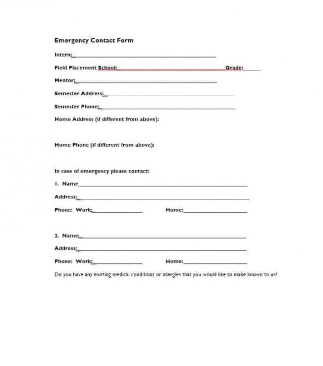 Professional Printable Employee Emergency Contact Form Template Pdf Sample