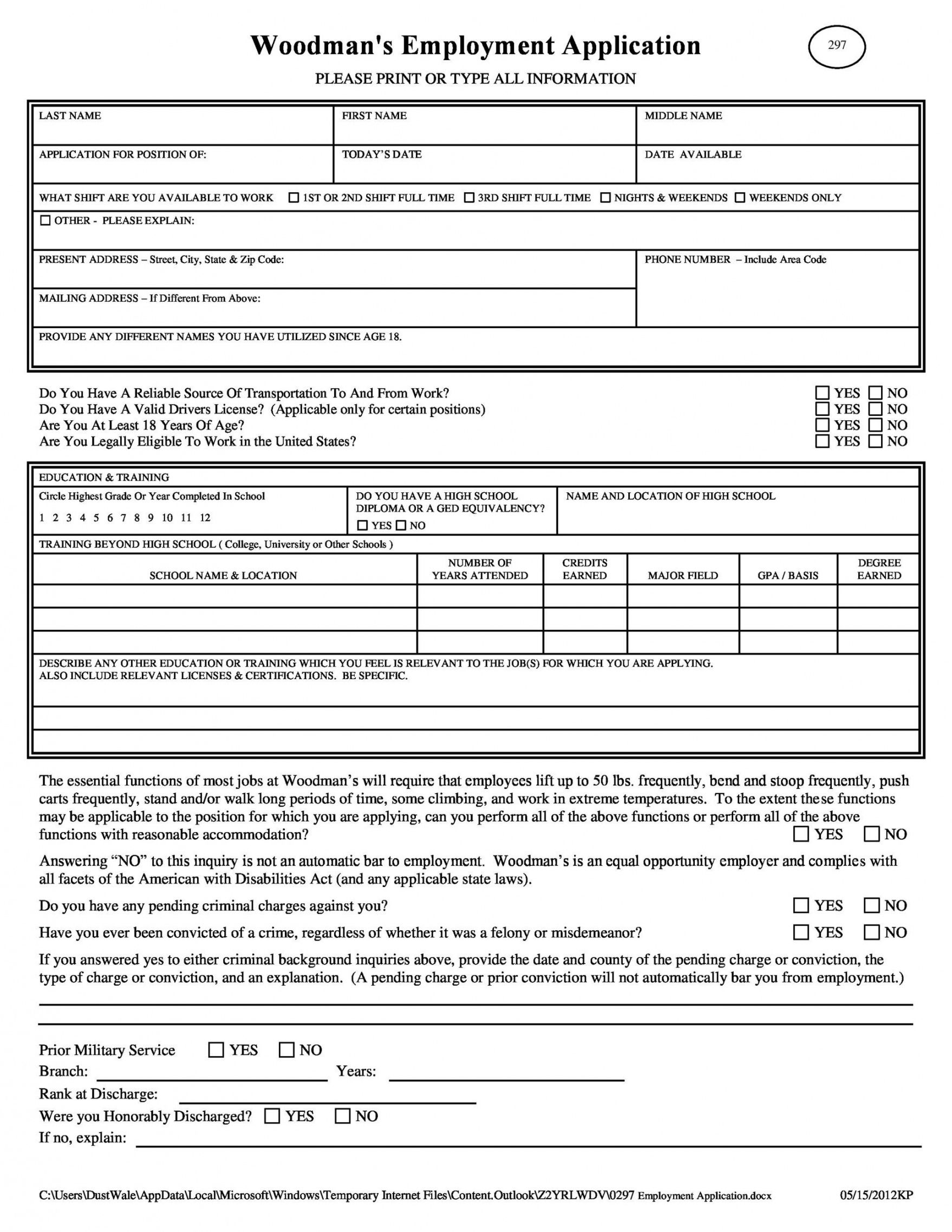 Standard Job Application Form Template Word Example