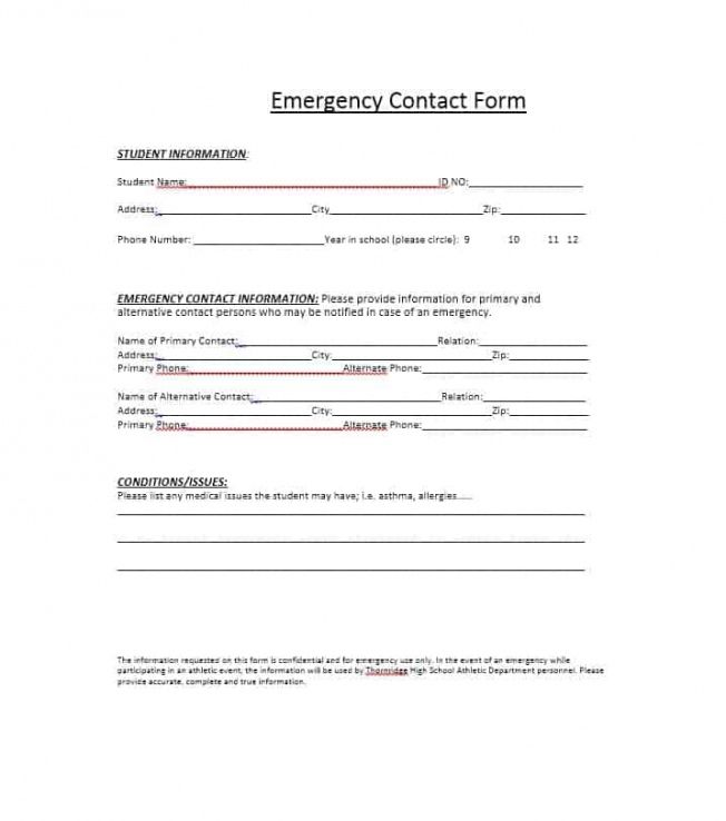 Student Emergency Contact Form Template Word Example