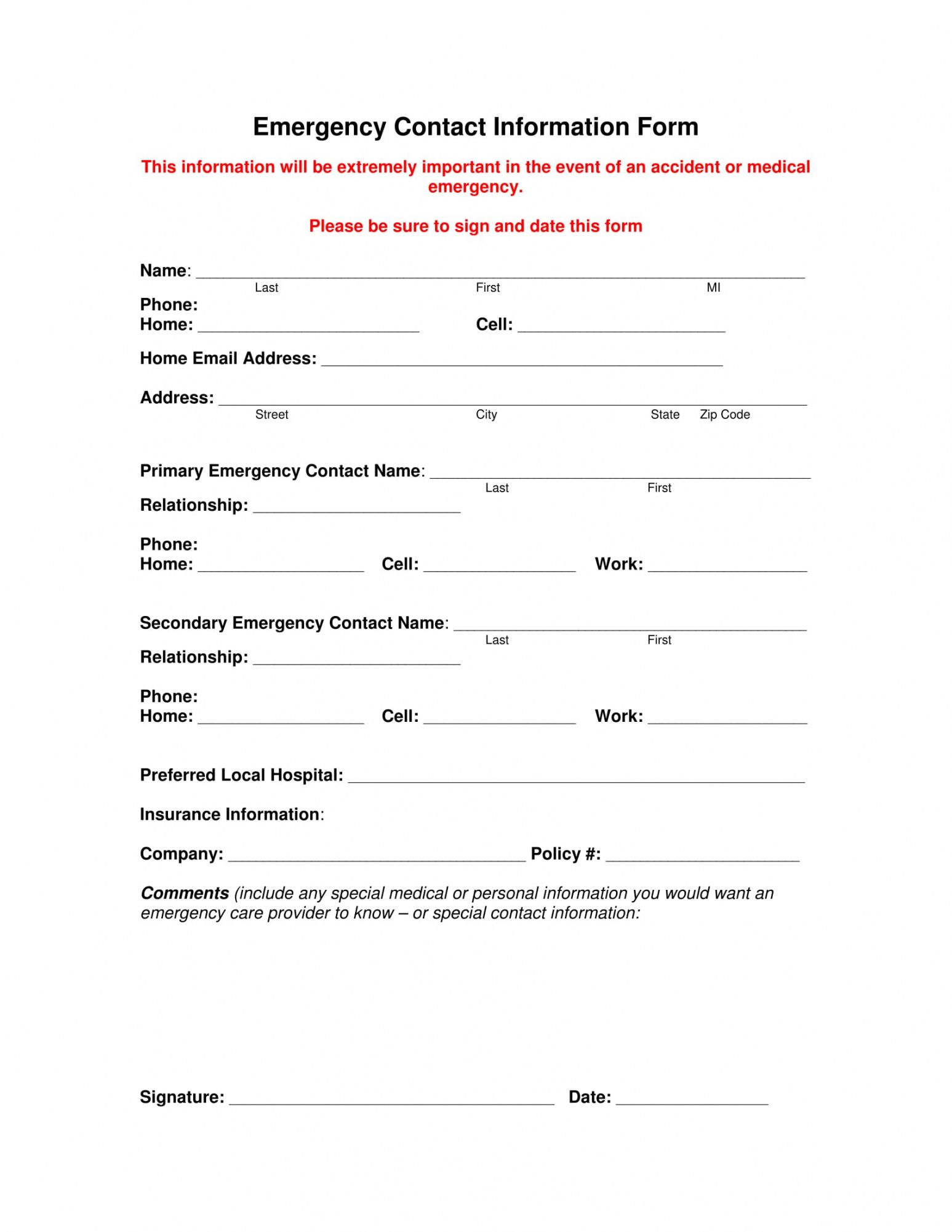 Best Emergency Contact Details Form Template Doc Example