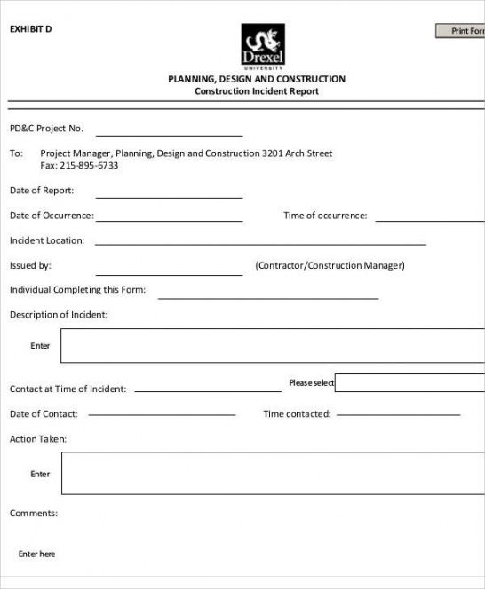 Construction Incident Report Form Template Doc