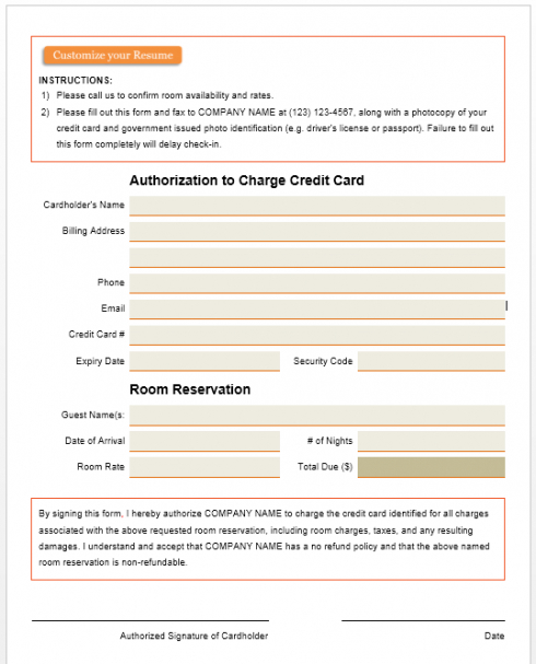 Credit Card Authorization Form Template Blank