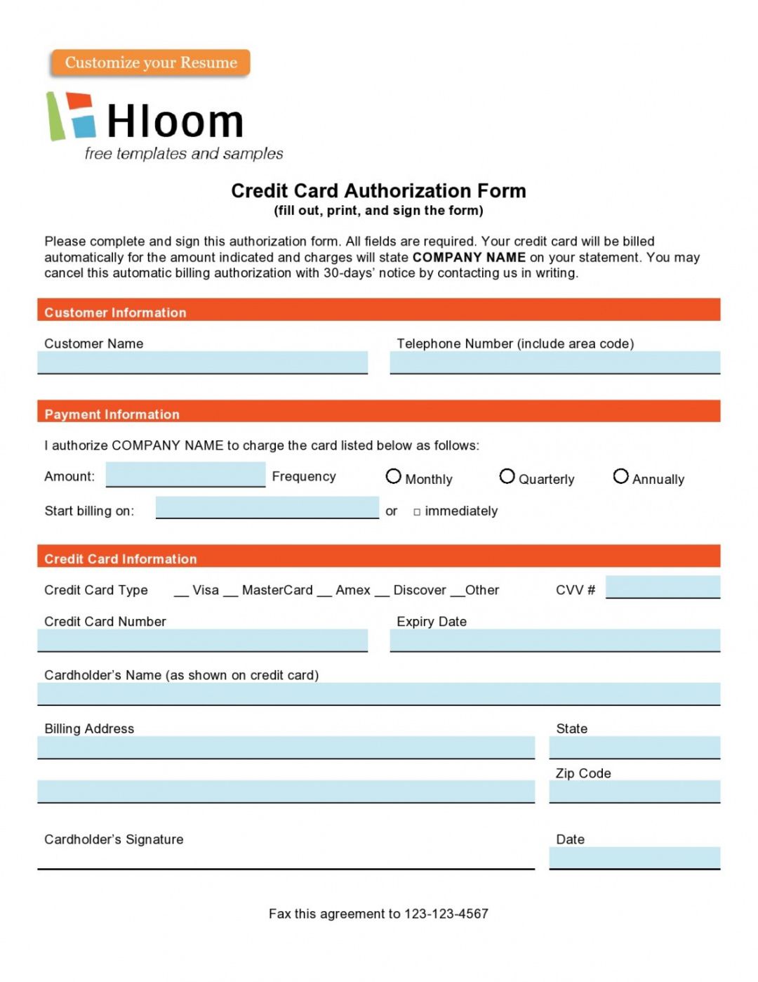 Editable Generic Credit Card Authorization Form Template Excel Sample