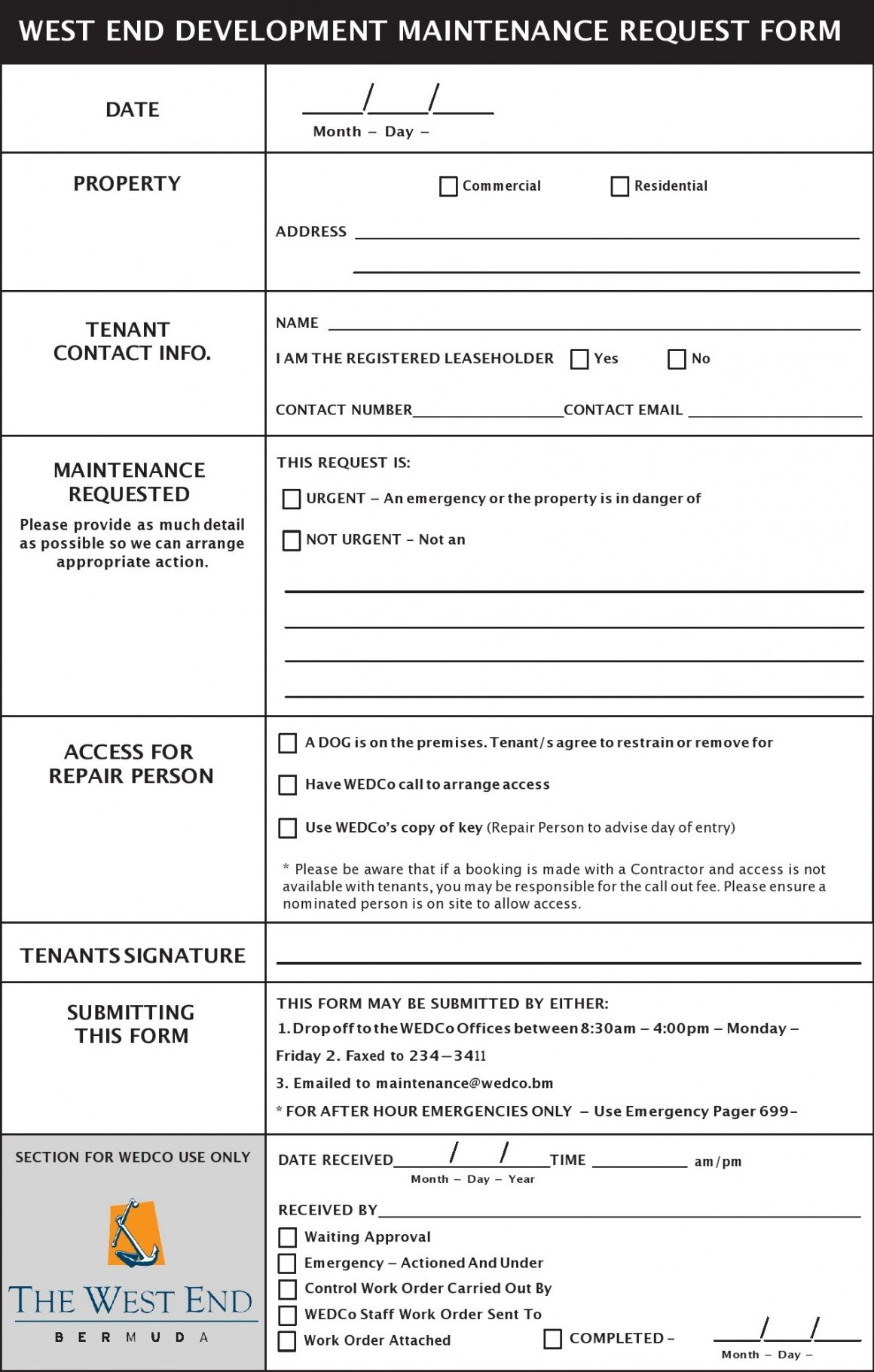 Editable Tenant Maintenance Request Form Template Doc Example