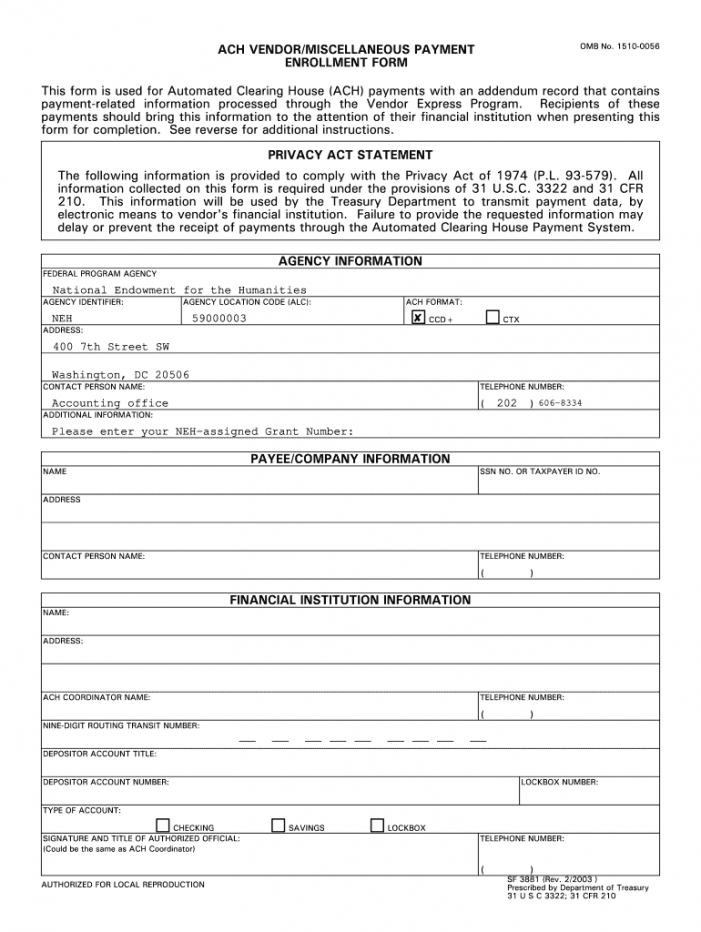 Free Vendor Ach Authorization Form Template Word Minasinternational