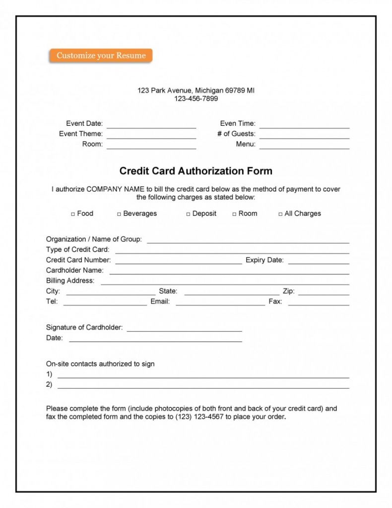 Generic Credit Card Authorization Form Template  Example