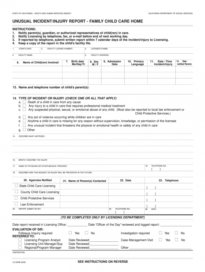 Printable Child Care Incident Report Form Template  Sample