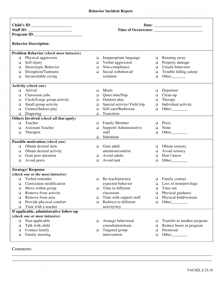 Child Care Incident Report Form Template