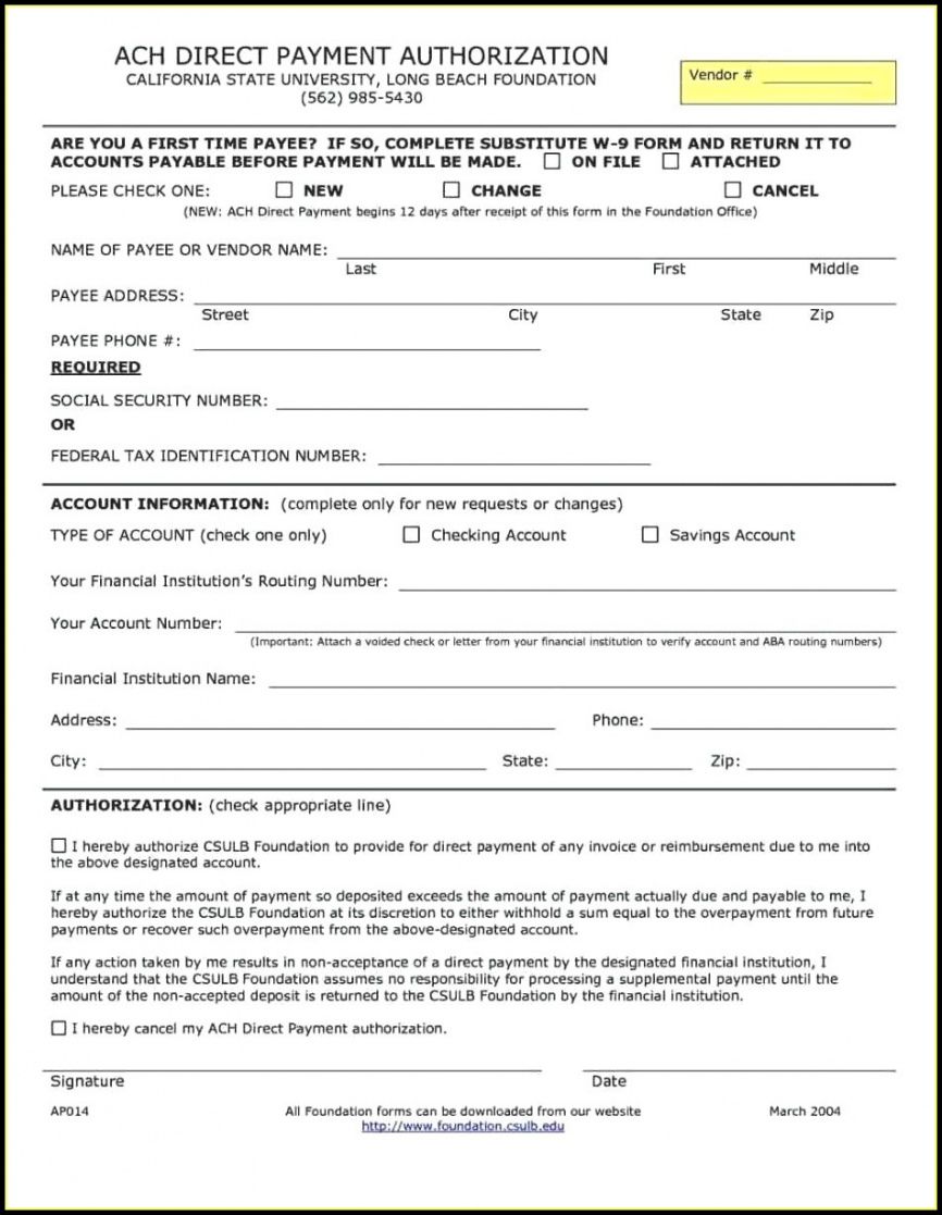 Printable Vendor Ach Authorization Form Template Excel Sample