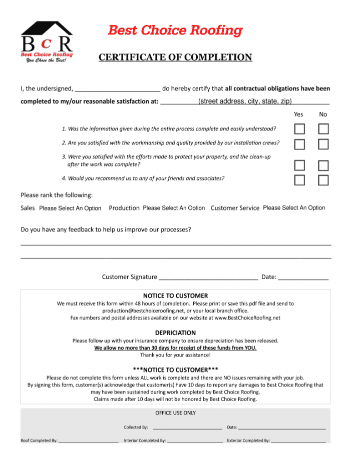 Printable Job Completion Form Template Pdf Example