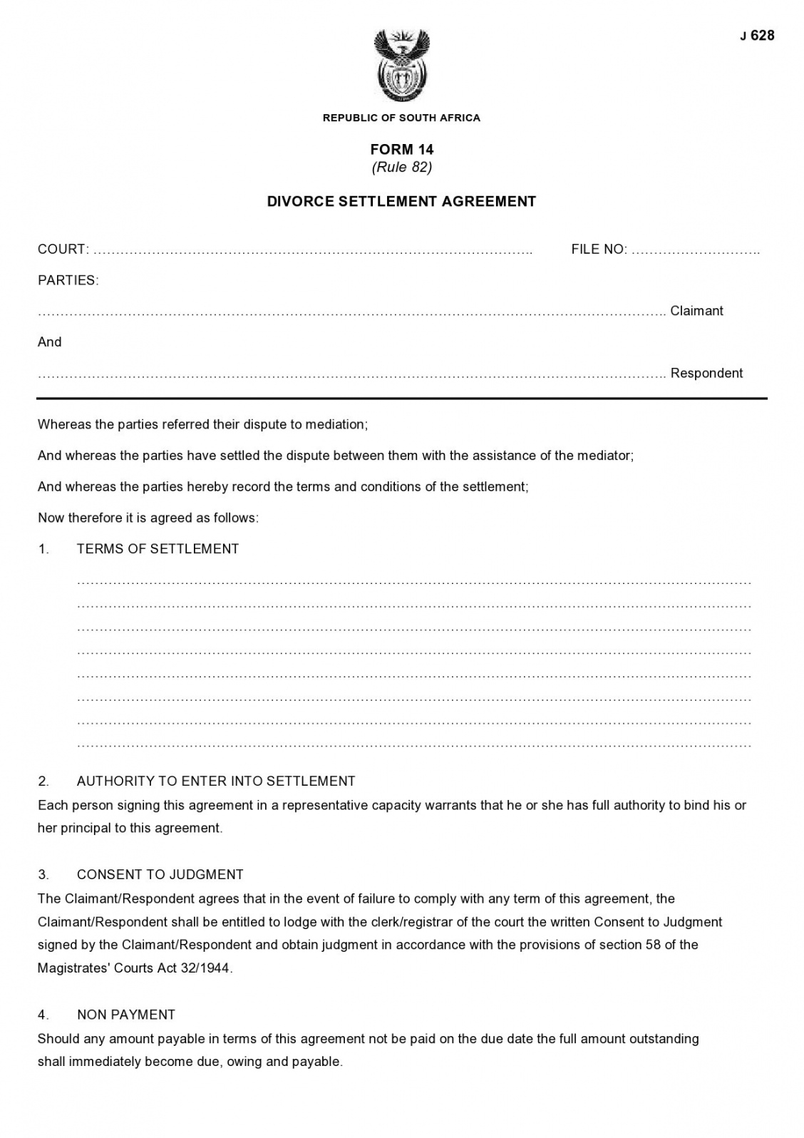 Printable Marital Settlement Agreement Template Doc Example