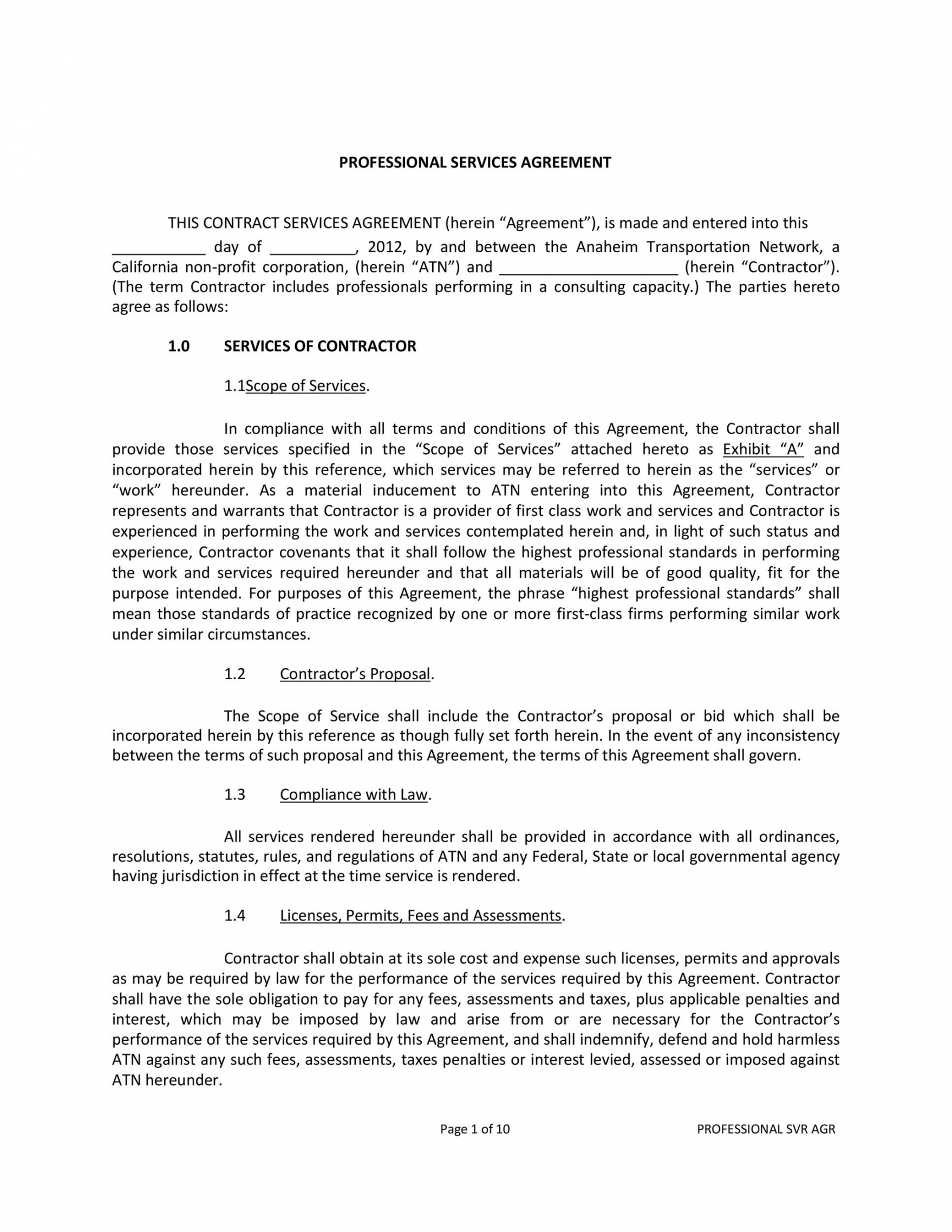 Professional General Service Level Agreement Template Word