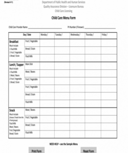 Editable Daycare Child Care Menu Template Excel