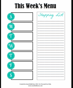 Editable Family Weekly Menu Planner Template Excel Sample