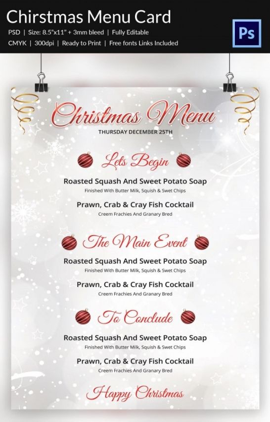 Menu Template For Christmas Dinner Excel Example