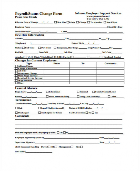 Professional Employee Change Of Status Form Template Pdf Example