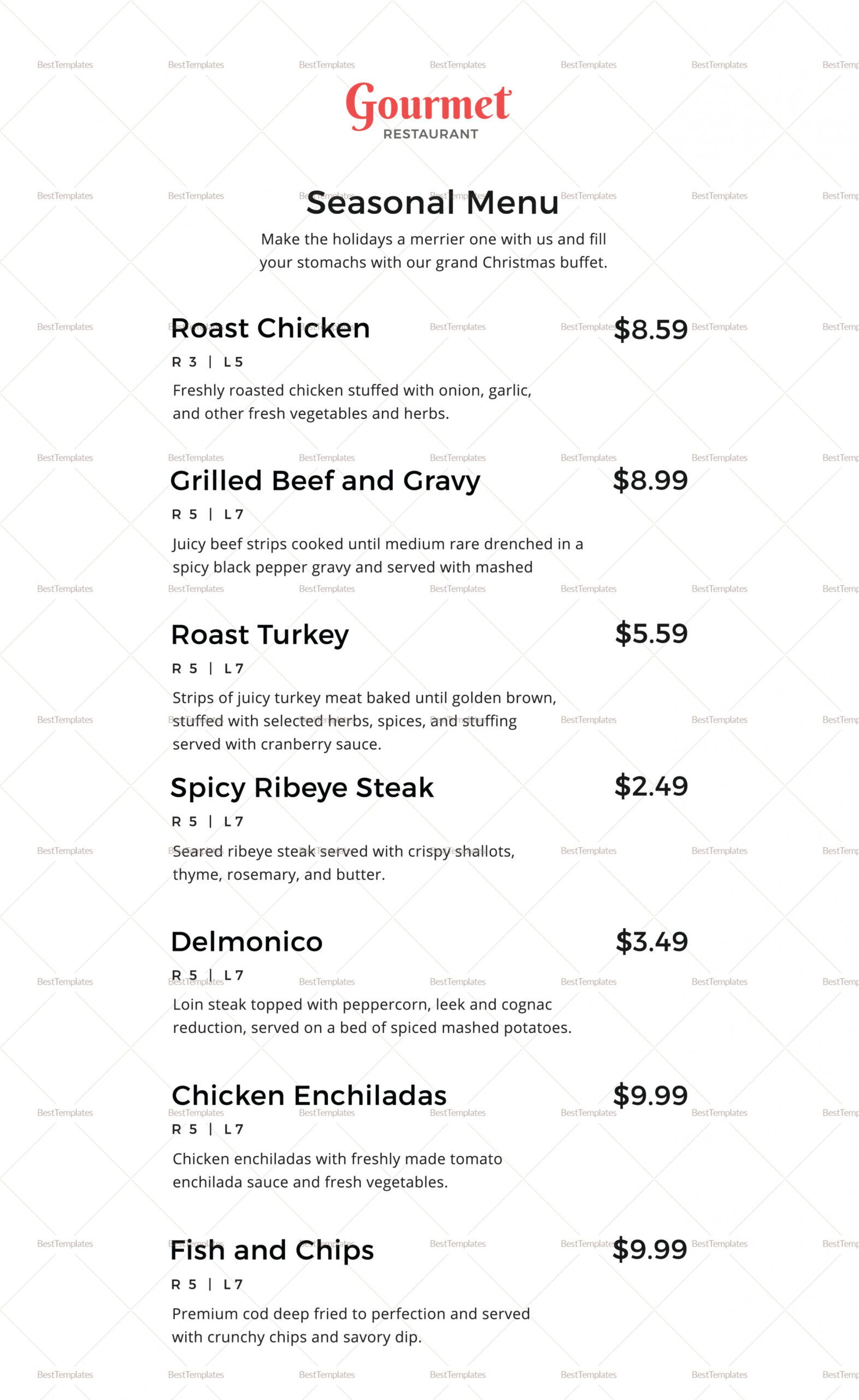 Restaurant Menu Empty Menu Template Pdf Sample