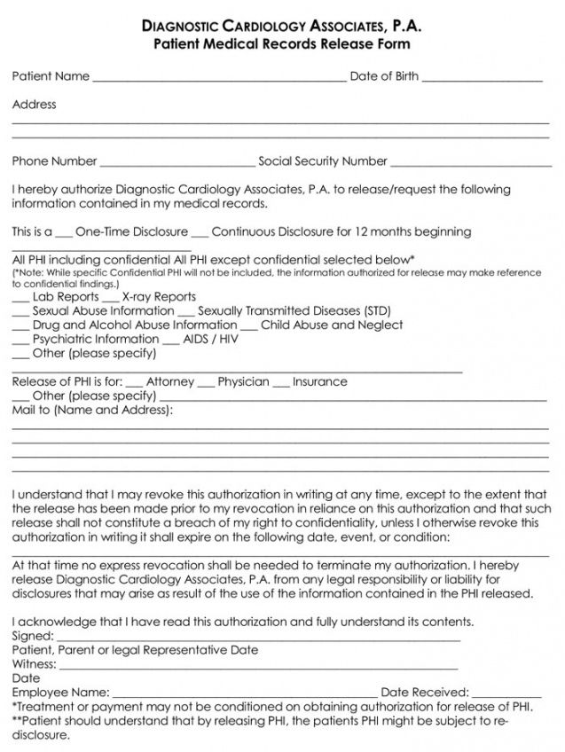 Editable Authorization To Release Medical Records Form Template  Example