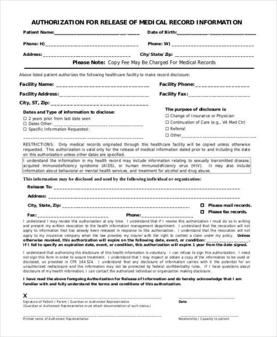 Free Authorization To Release Medical Records Form Template Word 