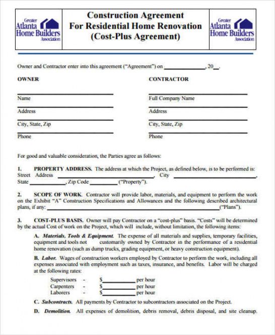 Free Construction Contractor Agreement Template Doc Example