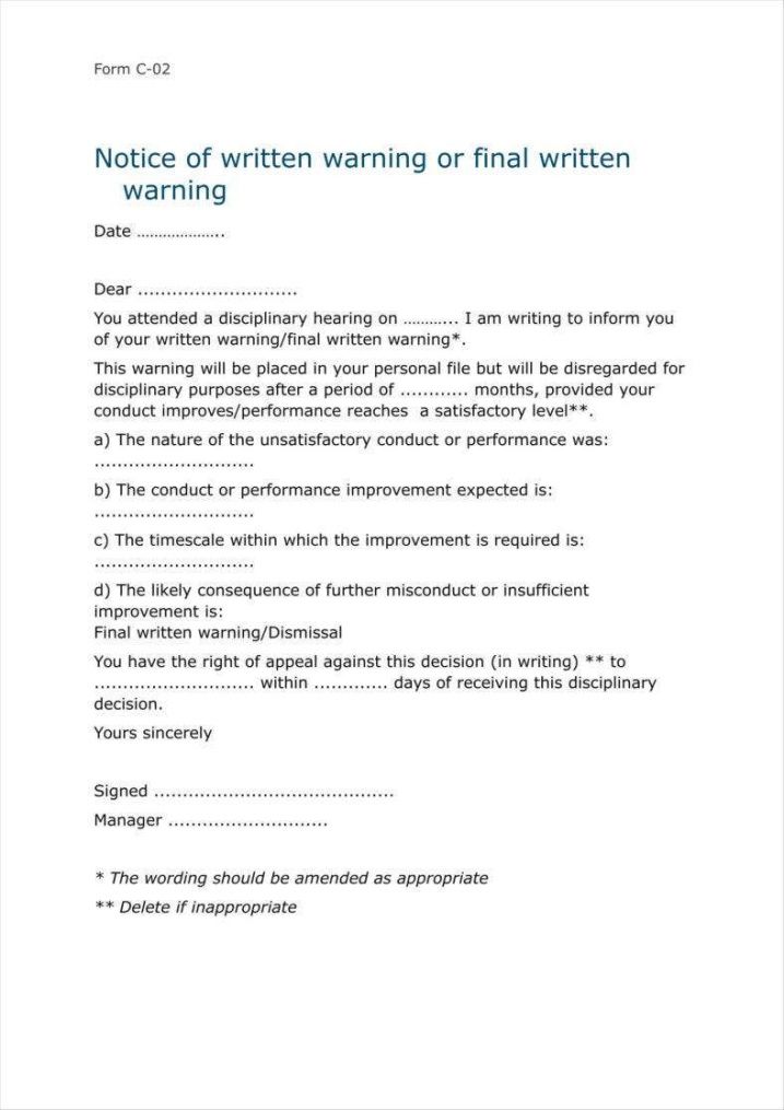 Costum Written Warning Form Template Doc Sample