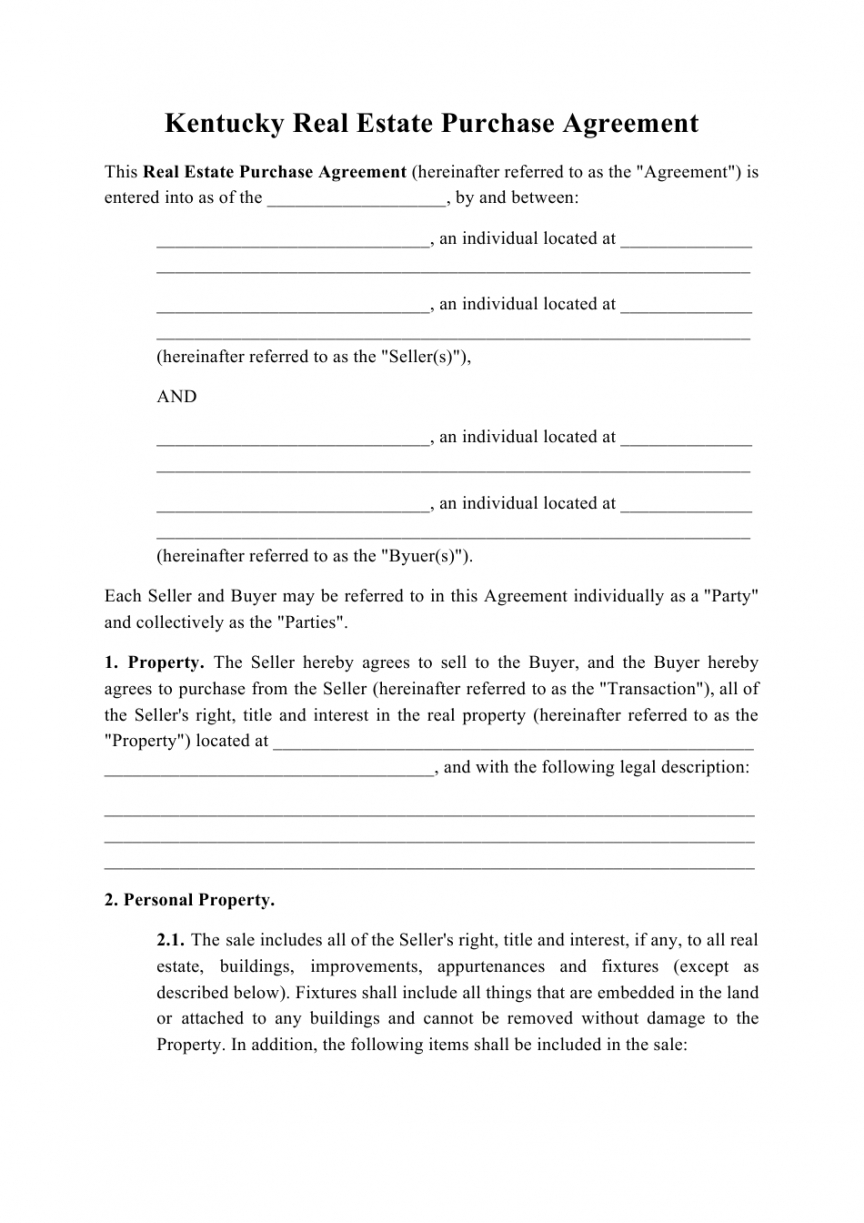 Printable For Sale By Owner Purchase Agreement Template  Sample