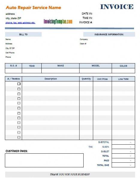 Auto Body Repair Estimate Template Forms Excel