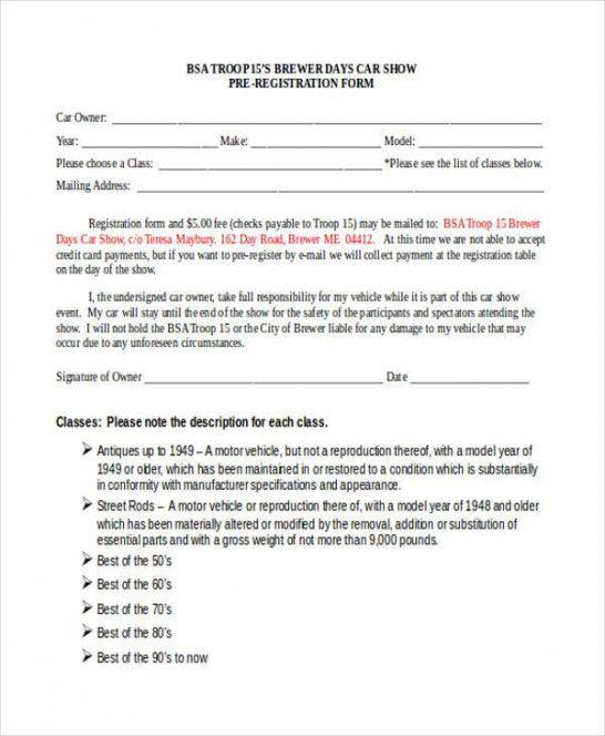 Costum Car Show Registration Form Template Doc Sample Minasinternational