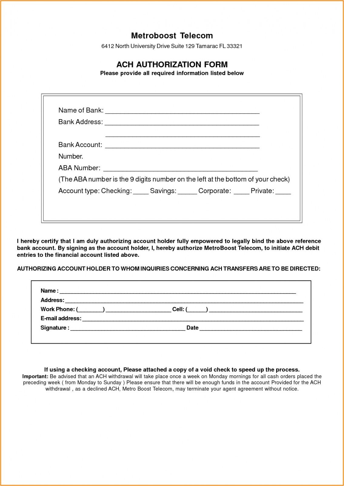 Editable Business Ach Authorization Form Template Excel Sample
