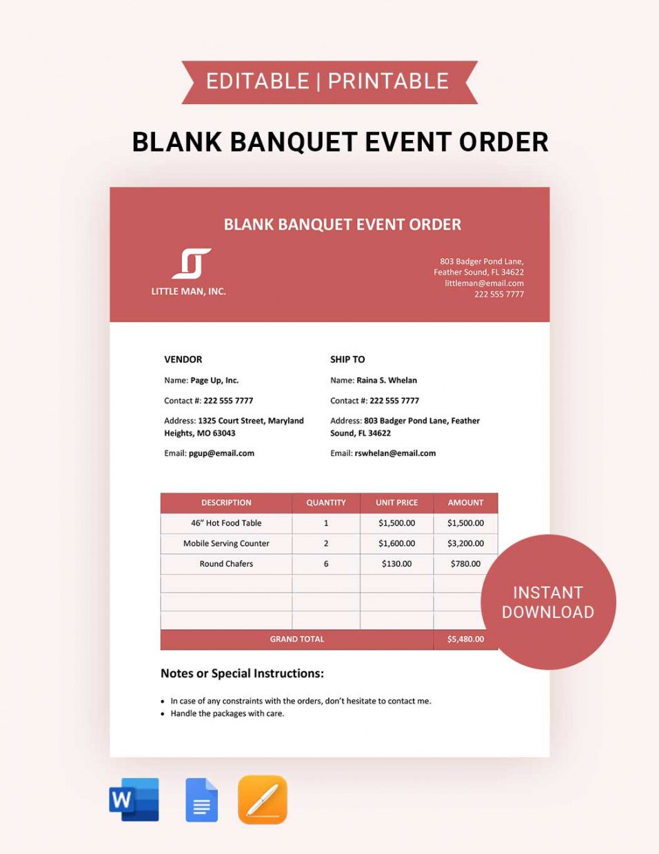 Editable Catering Event Order Form Template Excel