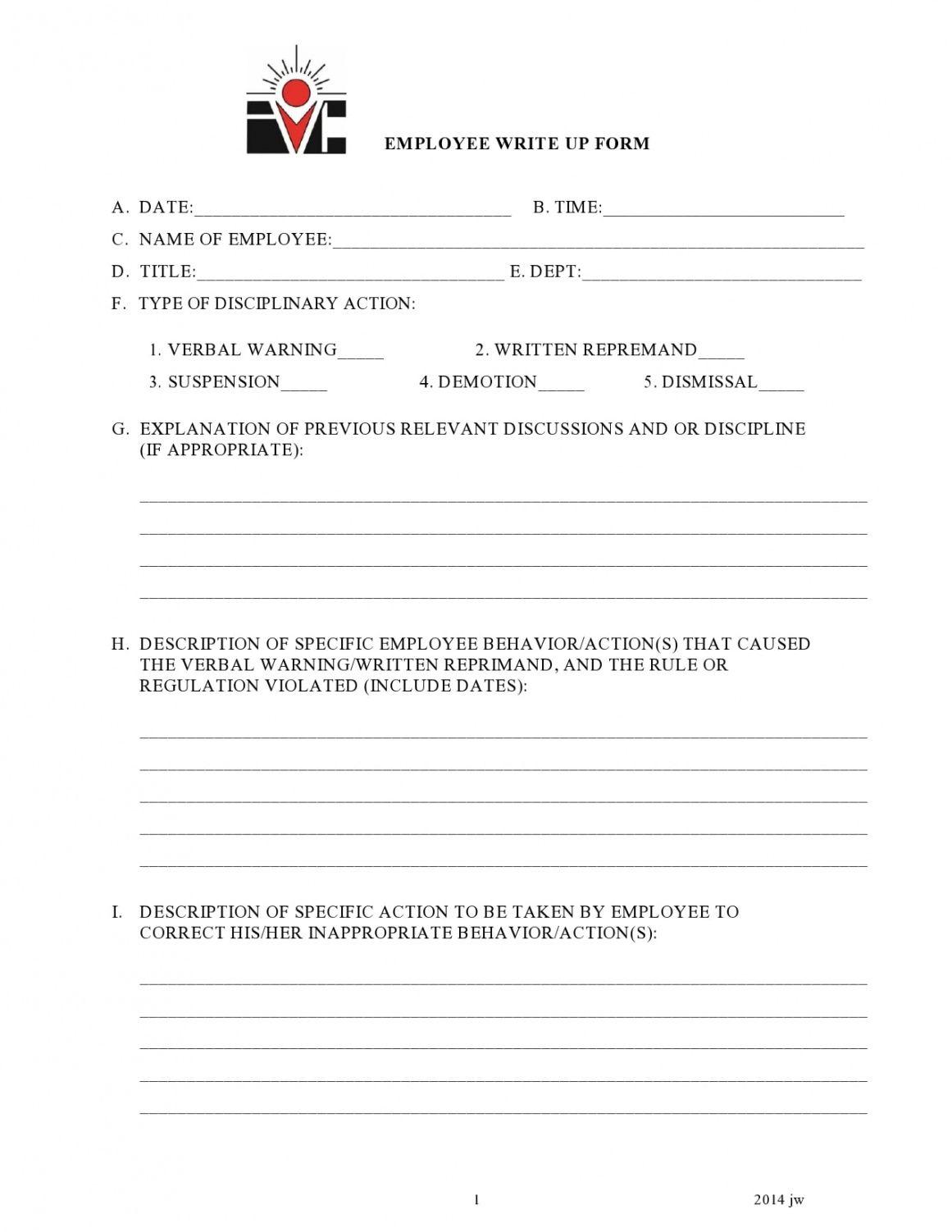 Editable Employee Write Up Form Template Doc