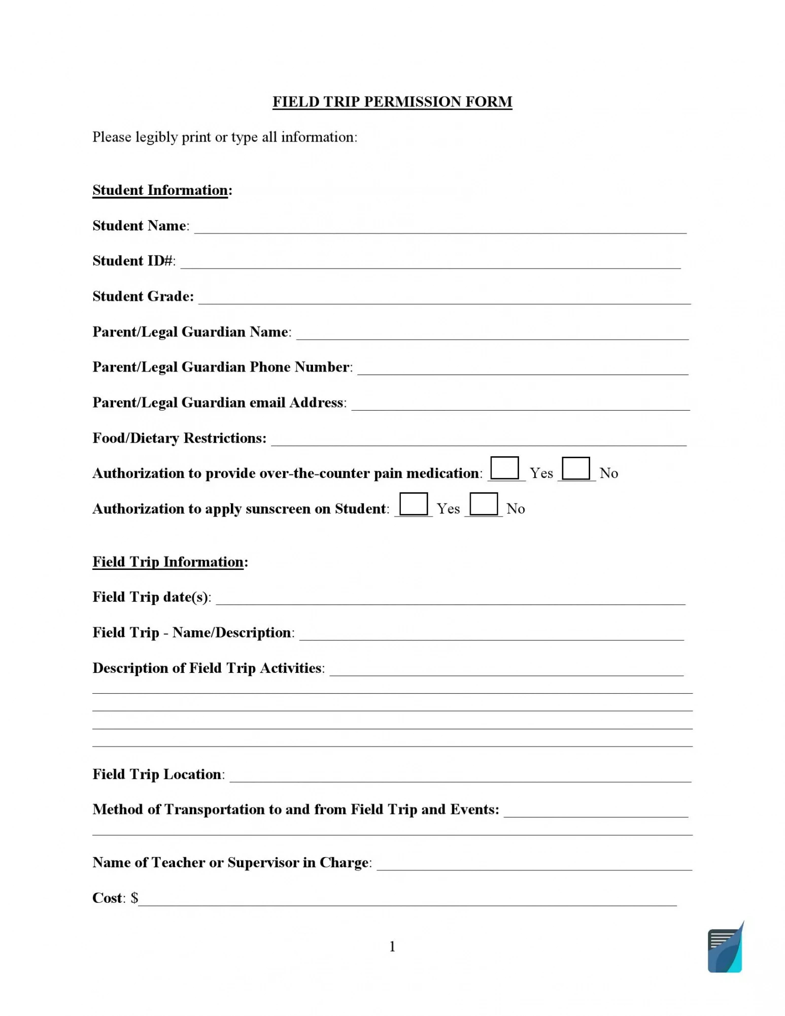 Editable Field Trip Permission Form Template Pdf Example