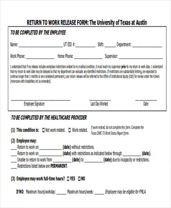 Free Back To Work Form Template Excel