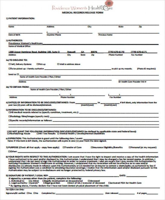 Medical Records Release Form Template Doc Example